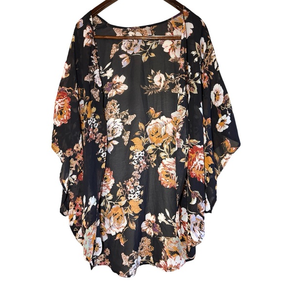 Xhilaration Black Sheer Orange Maroon Fall Open Front Kimono Floral XL/XXL - Picture 3 of 9